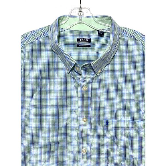 IZOD Premium Essentials Button Shirt Men 2XL Blue Green Plaid Preppy Office Work - Picture 2 of 11